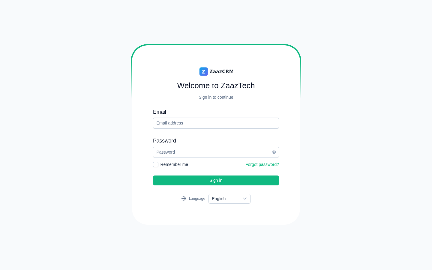Screenshot: sign-in screen with email and password fields, language selector at the bottom