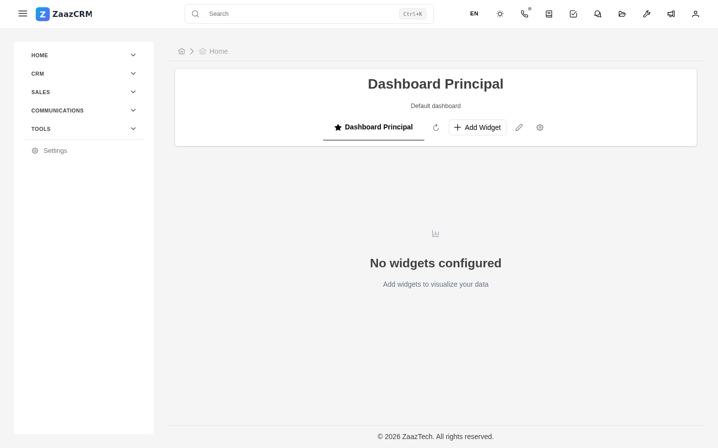 Screenshot: full ZaazCRM view showing the top bar, expanded sidebar, and the main area displaying the dashboard