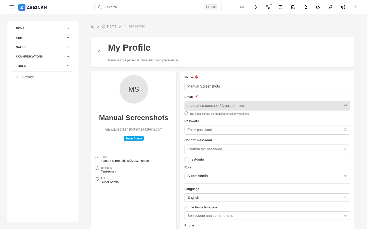 Screenshot: My Profile screen with avatar, form, and Save changes button