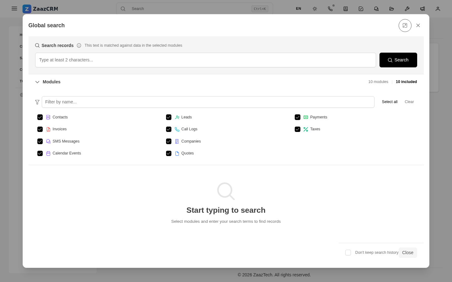 Screenshot: global search panel showing results from several modules