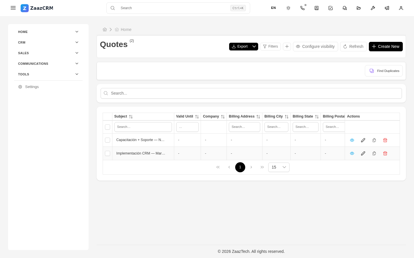 Screenshot: quote form with line items, totals, and terms