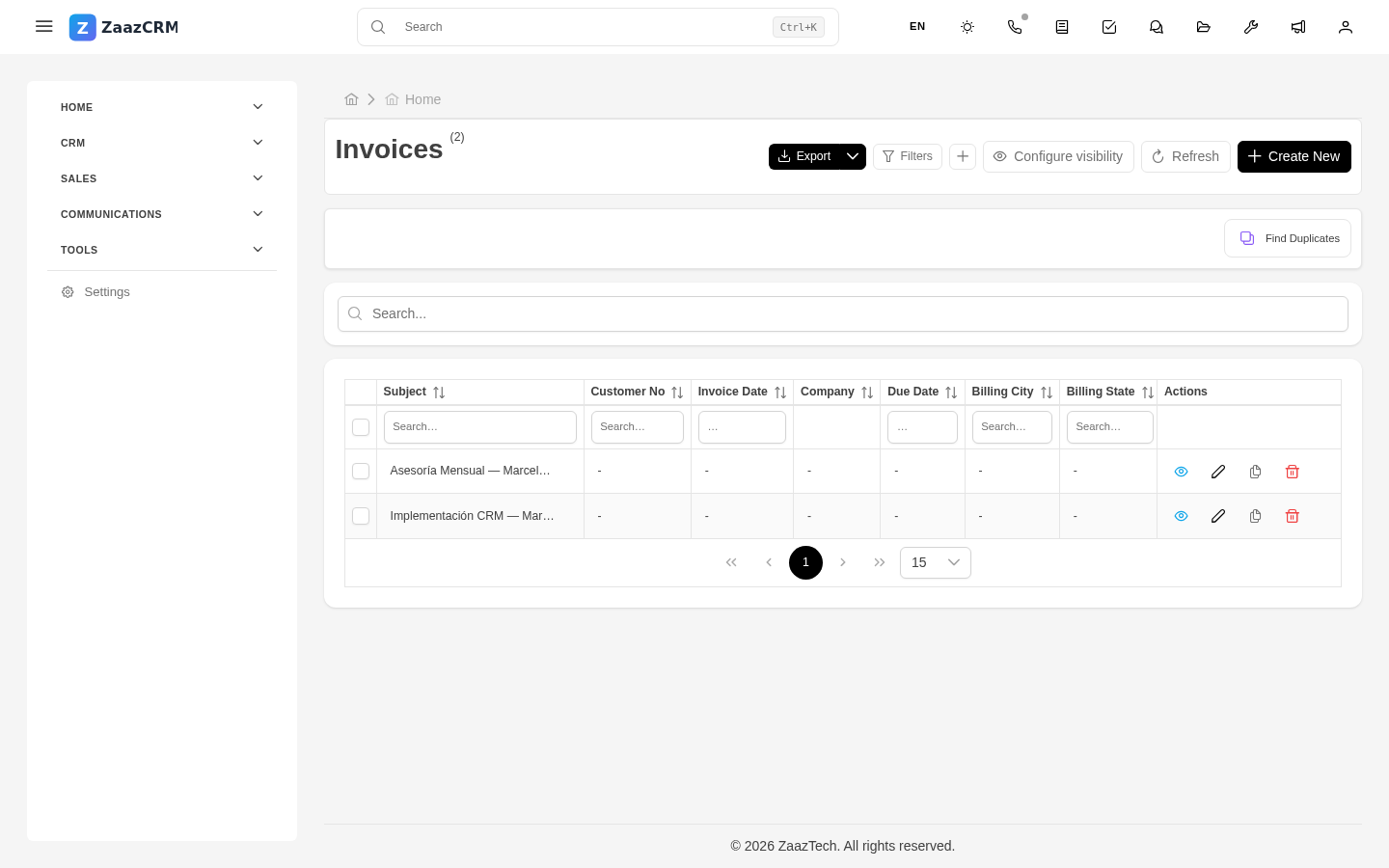 Screenshot: invoice form with tax info, line items, and total