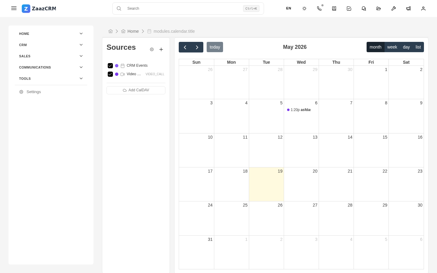 Screenshot: monthly calendar view