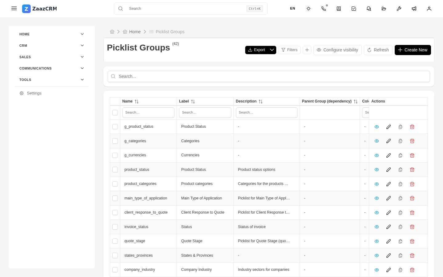 Screenshot: picklist group editor