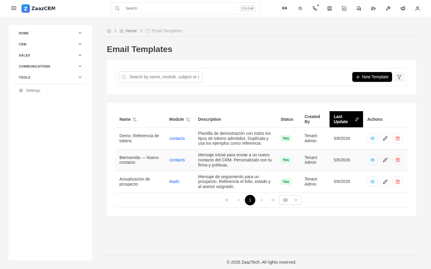 Screenshot: email template editor