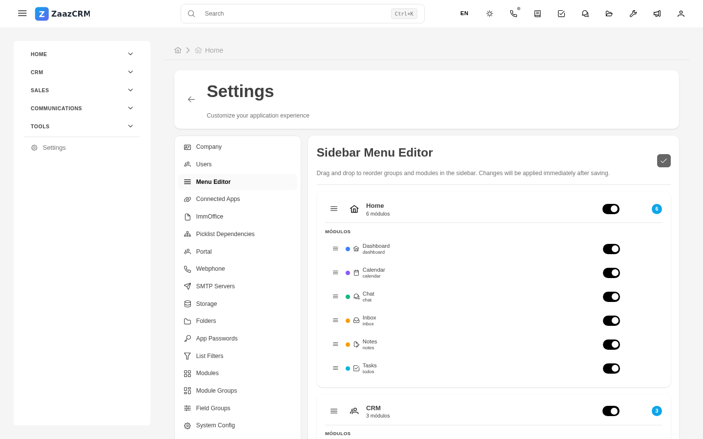 Screenshot: menu editor