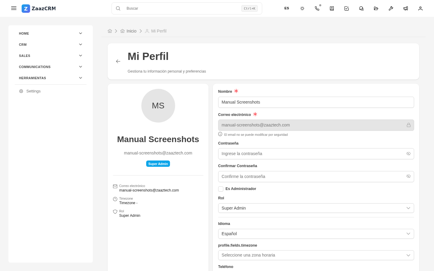Screenshot: pantalla de Mi Perfil con avatar, formulario y botón de Guardar cambios