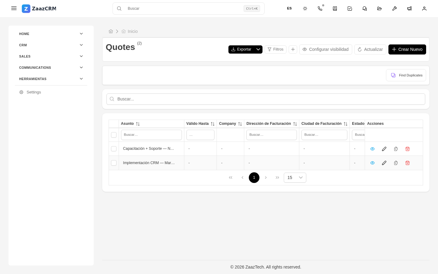 Screenshot: formulario de presupuesto con renglones, totales y términos