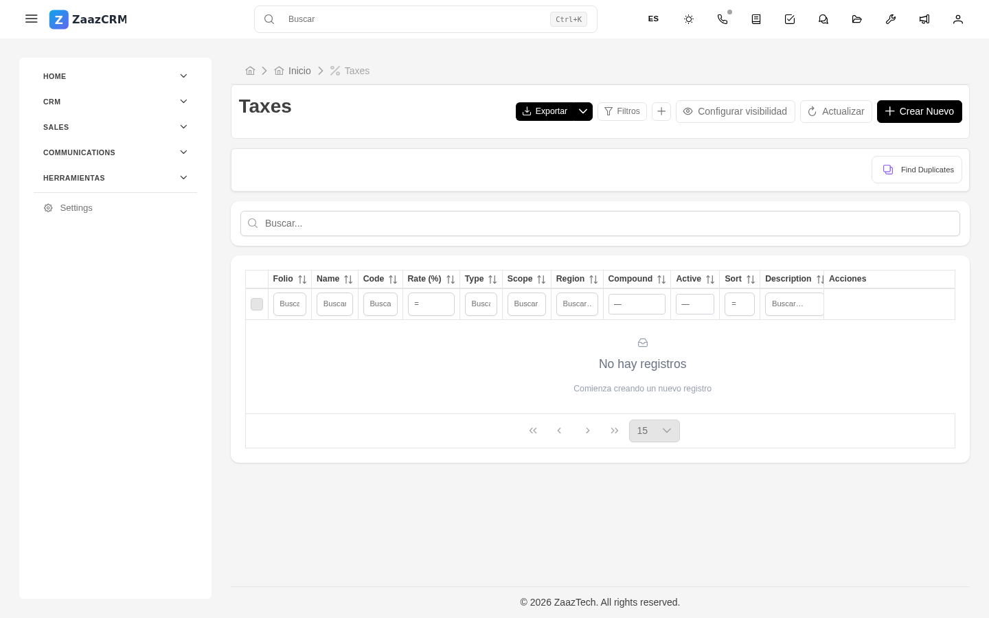 Screenshot: pie de presupuesto con subtotal, lista de impuestos aplicados y total
