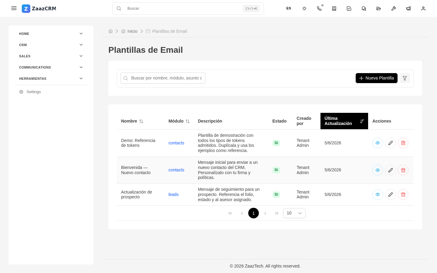Screenshot: selector de plantilla en el editor de correo nuevo