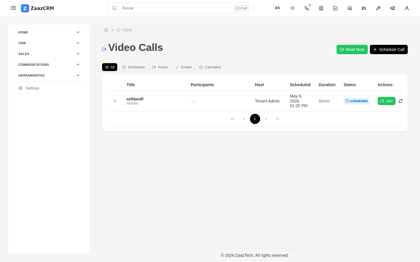 Screenshot: formulario de programar videollamada con campos y enlace generado