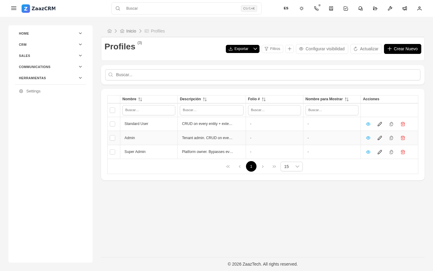 Screenshot: editor de perfil con tabla de permisos