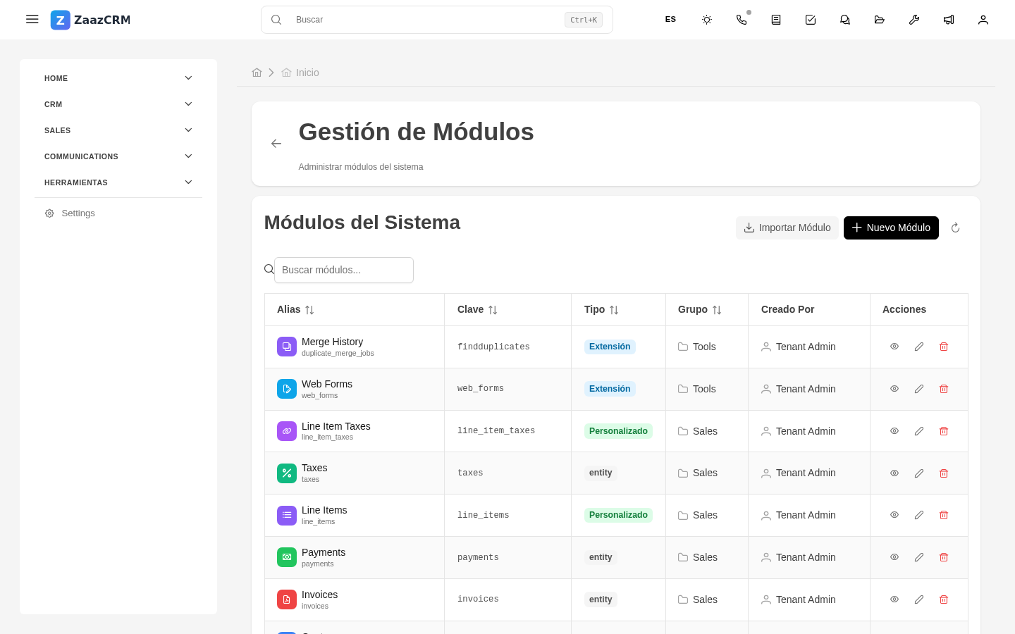 Screenshot: lista de módulos