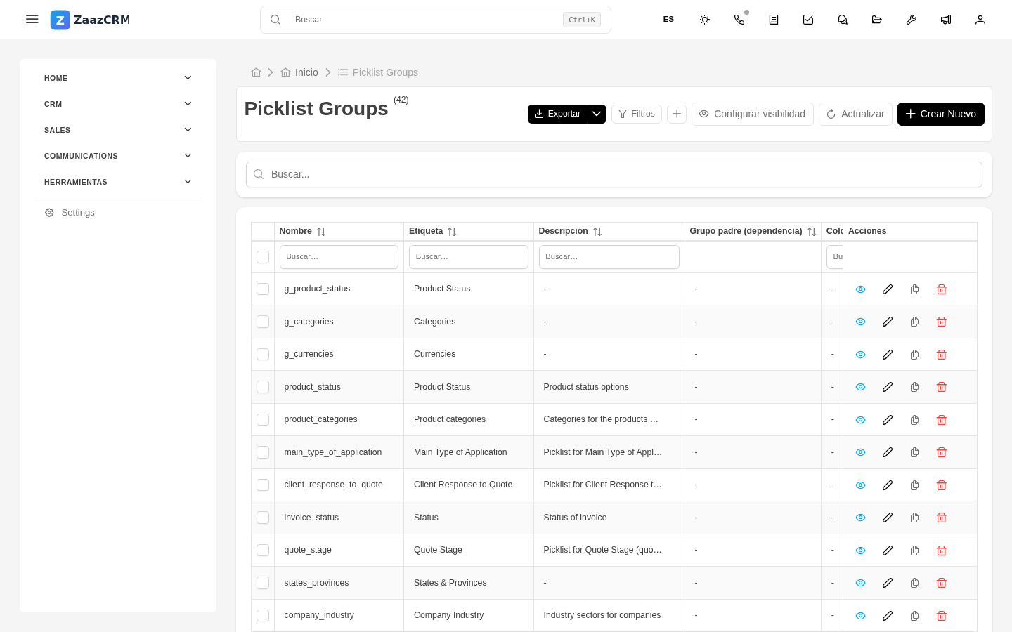 Screenshot: editor de grupo de picklist