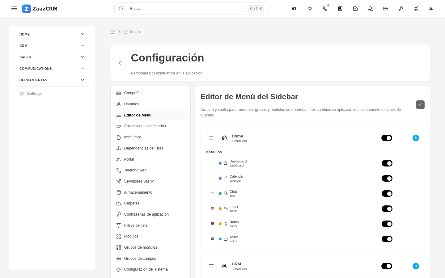 Screenshot: editor de menú