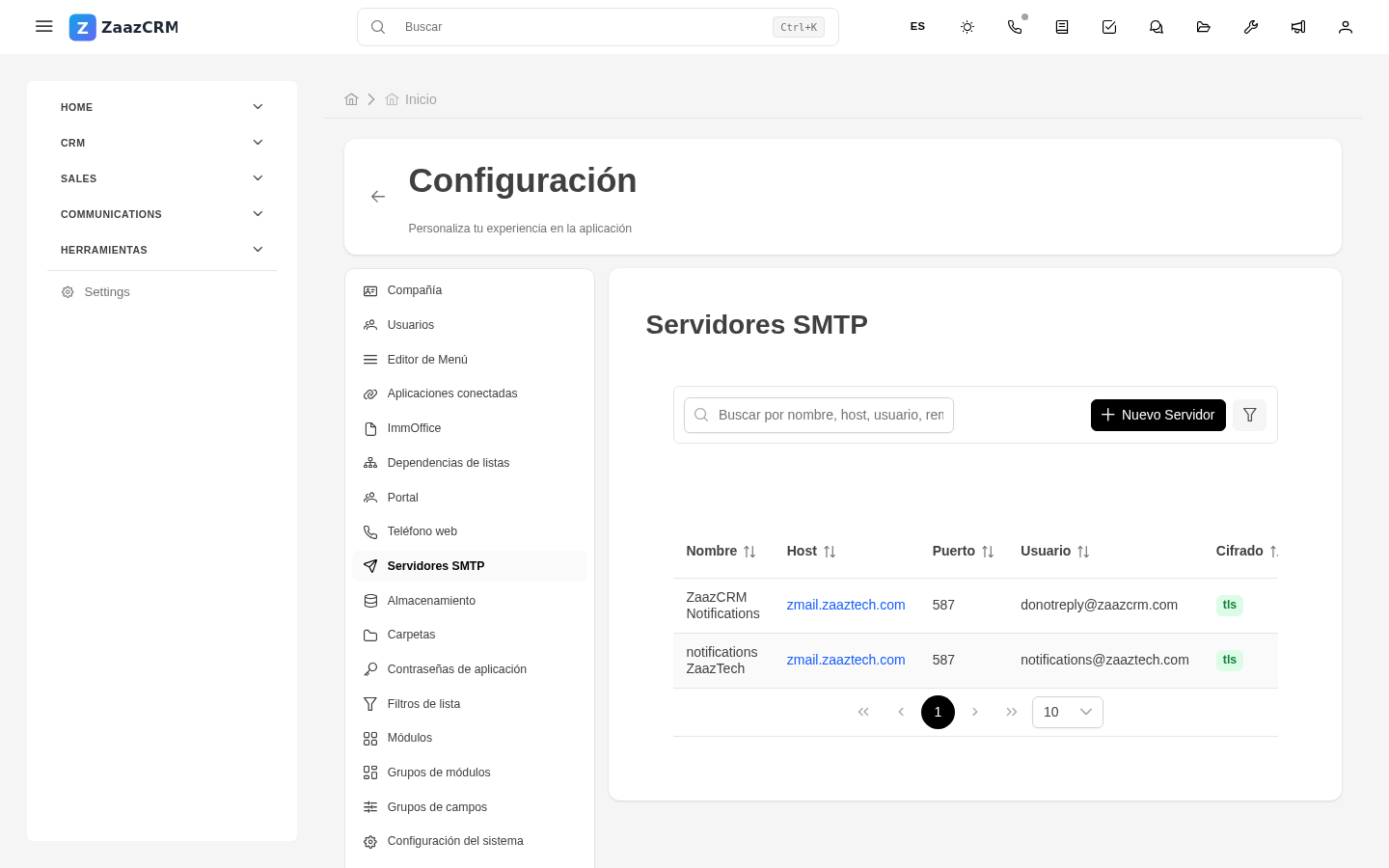 Screenshot: formulario SMTP