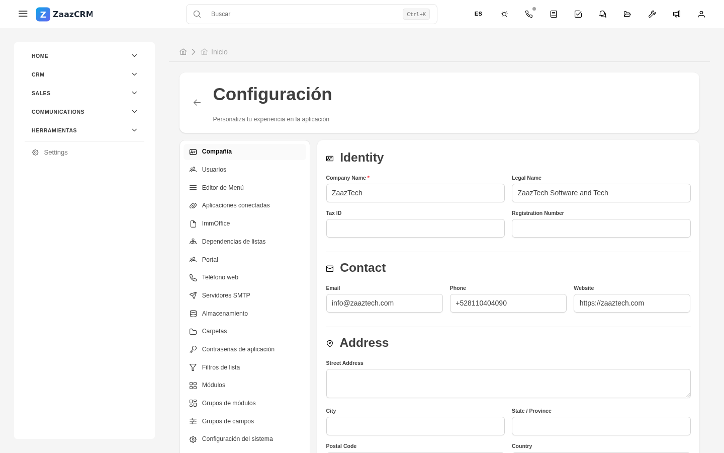 Screenshot: pantalla del perfil de la empresa